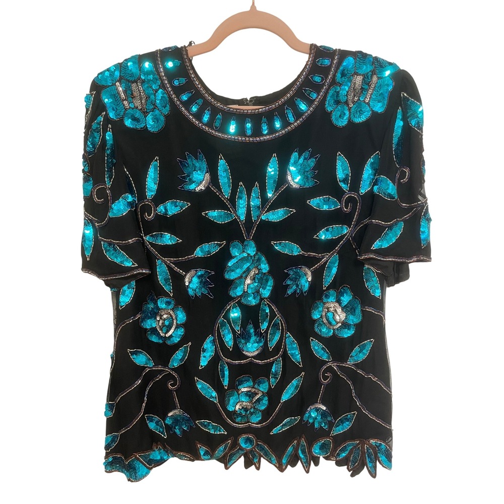 Vintage Stenay Evening Top 2X Silk Sequin Beaded Black Turquoise Floral